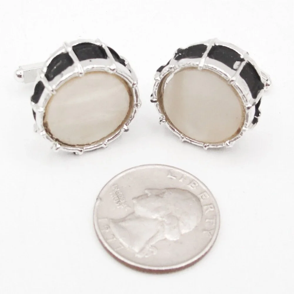 Vintage Snare Drum Cufflinks Jazz Rock Band Music Musician Mother of Pearl Black